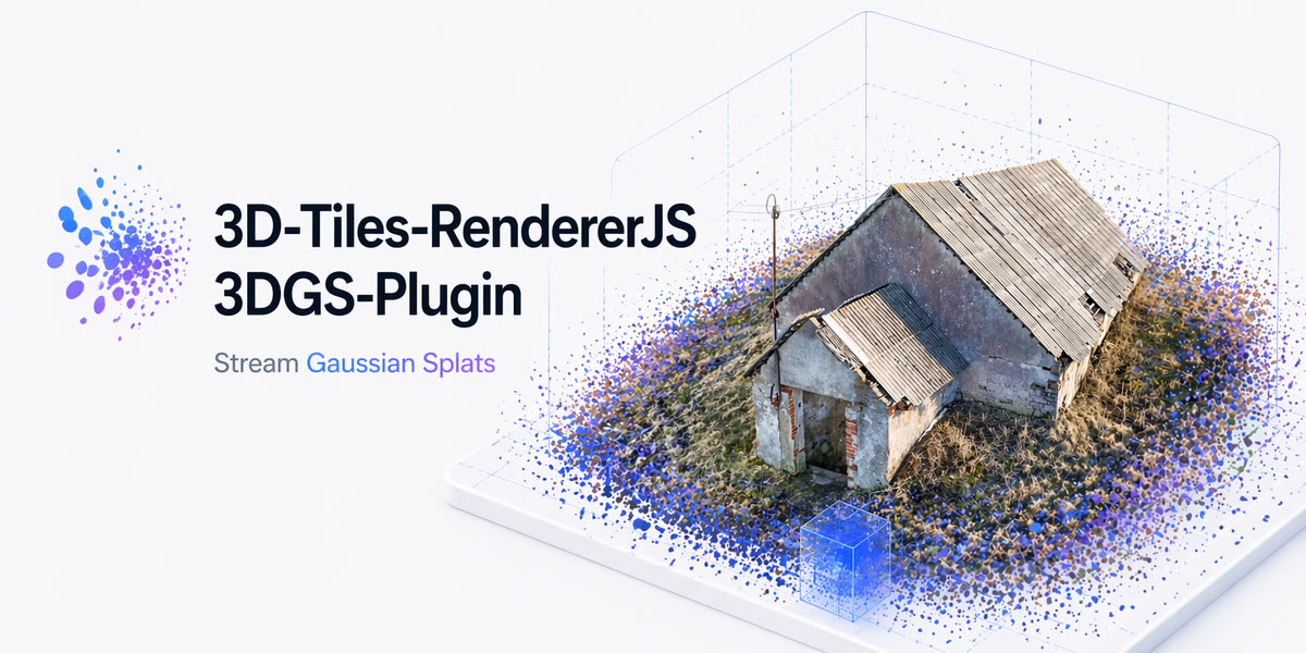 Key art for the plugin: a Gaussian-splat capture of a derelict stone barn with a corrugated roof, sitting on a white tile and surrounded by scattered blue and purple splat points, with the wireframe box of its tile bounds drawn around it