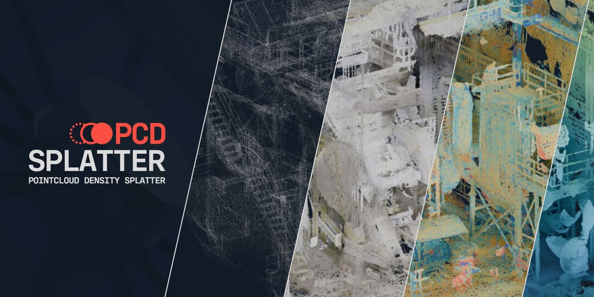 The PCD Splatter product image: angled panels showing an industrial site progressing from a sparse monochrome point cloud through densified grey splats to a fully coloured splat reconstruction of pipework and gantries