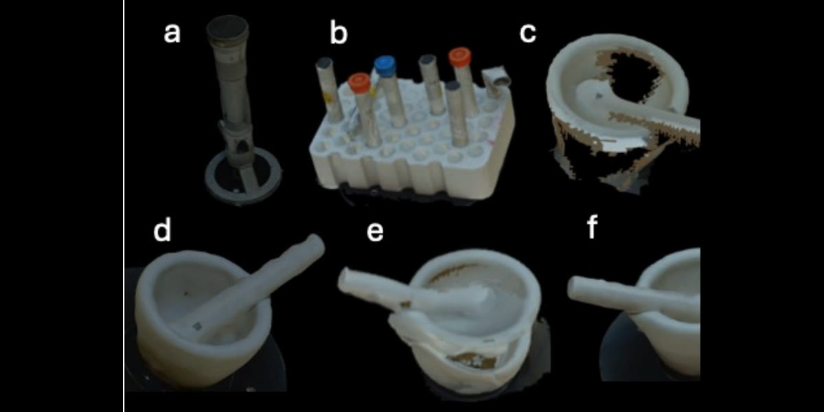 Six holographic reconstructions of laboratory equipment photographed against black through a HoloLens: a Bunsen burner and a rack of capped test tubes above, and below them a shredded, torn reconstruction of a mortar and pestle beside two further mortar-and-pestle models whose pestles are visibly deformed