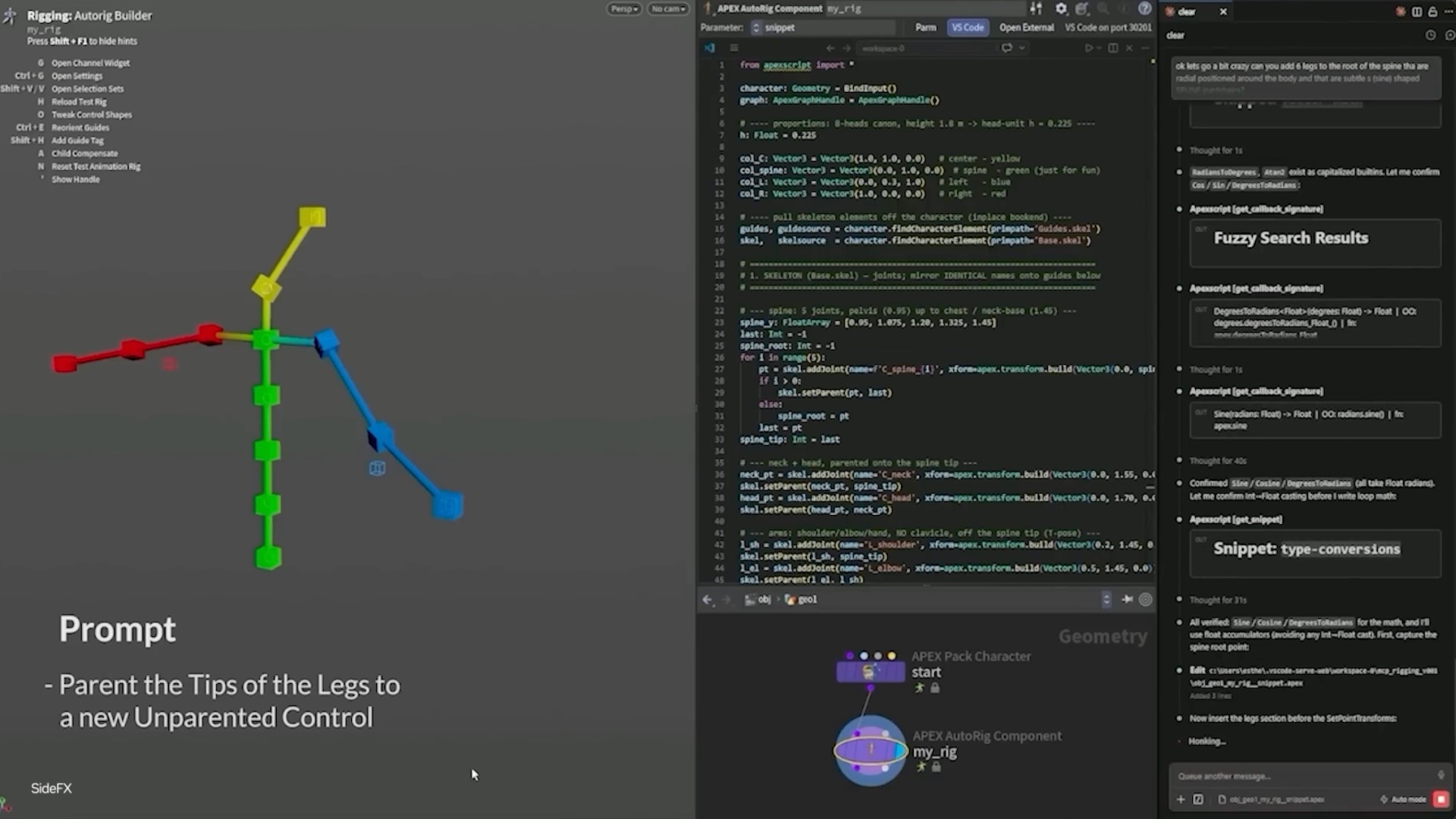 An AI agent rigs a 3D character inside Houdini in NVIDIA's SIGGRAPH agentic-AI demo
