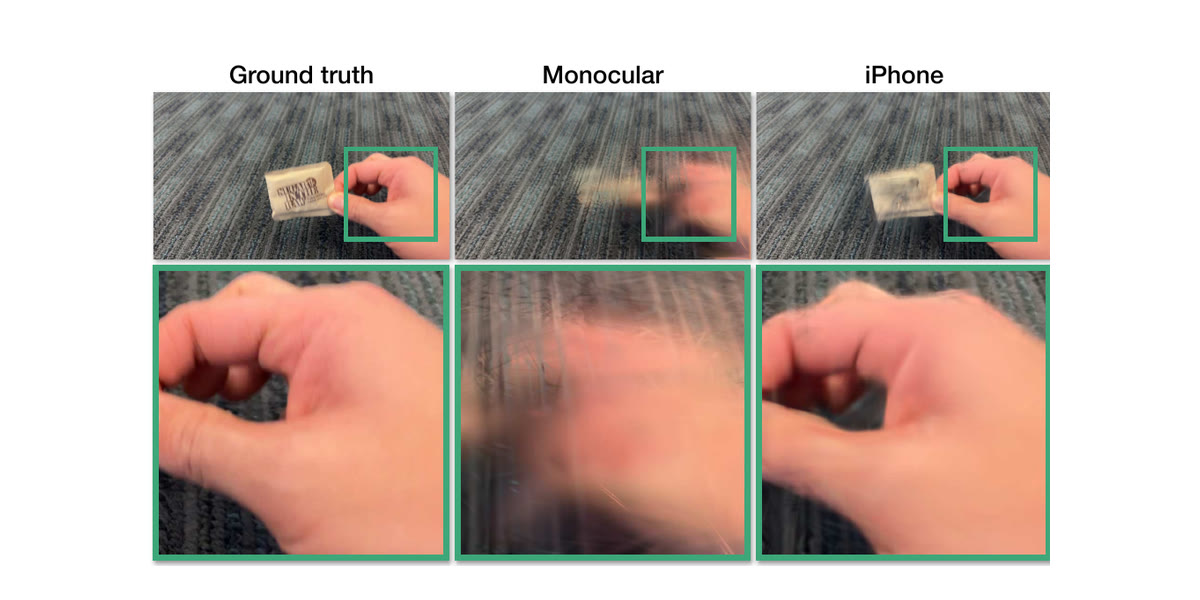 Three columns comparing a reconstruction of a hand moving across a carpet — ground truth, a monocular reconstruction in which the hand dissolves into a vertical smear, and an iPhone multi-camera reconstruction in which the closed fist is legible — each shown as a wide view above a zoomed crop