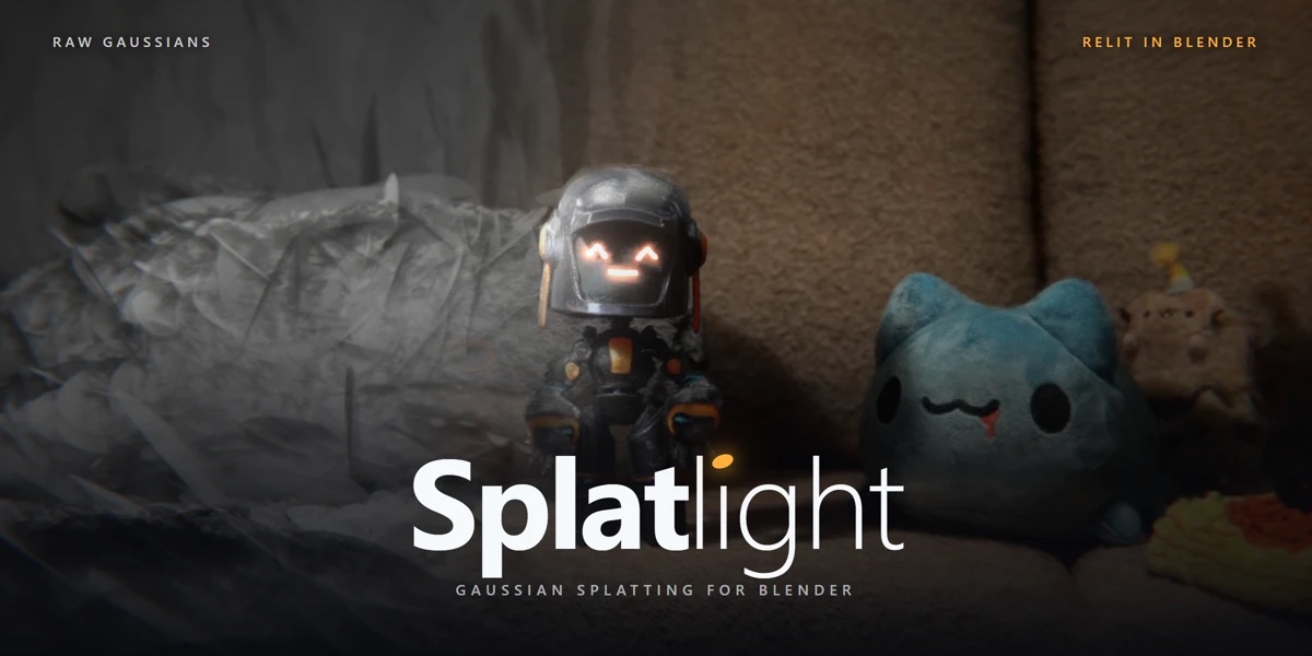 Split view of a toy robot and plush scene shown as raw gaussians on one side and relit in Blender by Splatlight on the other